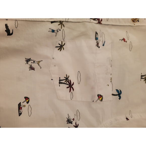 FREE PLANET Y2K Mens White All Beach Scene Print Short Sleeve Button Up Shirt M - Picture 8 of 8
